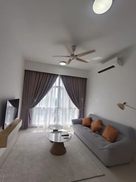 Living features: 3-seater fabric sofa in grey, orange decorative cushions, round coffee table with wooden base, TV console with wall-mounted TV, floor-to-ceiling windows, sheer curtains, dropped ceiling with recessed lighting, 5-blade ceiling fan, air conditioning unit on wall, area rug with geometric pattern; style: modern; view: city.