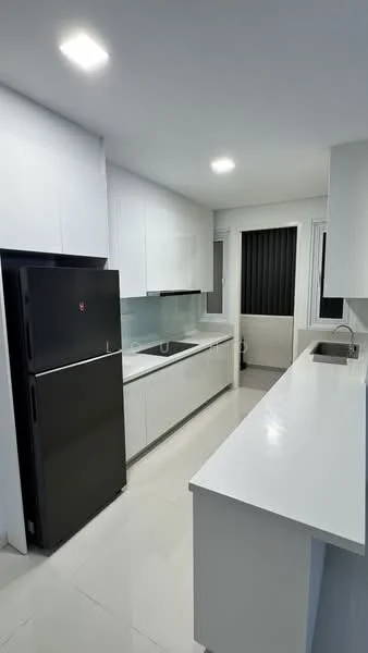 Kitchen features: white cabinets, black refrigerator, single-bowl stainless-steel sink, chrome pull-down faucet, white quartz countertop, glass backsplash, built-in oven, recessed LED downlights, floor-to-ceiling windows, tile flooring; style: modern.