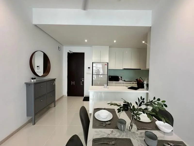 Kitchen features: white cabinetry, stainless-steel fridge, built-in microwave, ceramic tile flooring, grey countertop, glass backsplash, recessed downlights, kitchen island, sink, wall-mounted cabinets, dining table with chairs, decorative plant, round mirror, grey sideboard; style: modern.