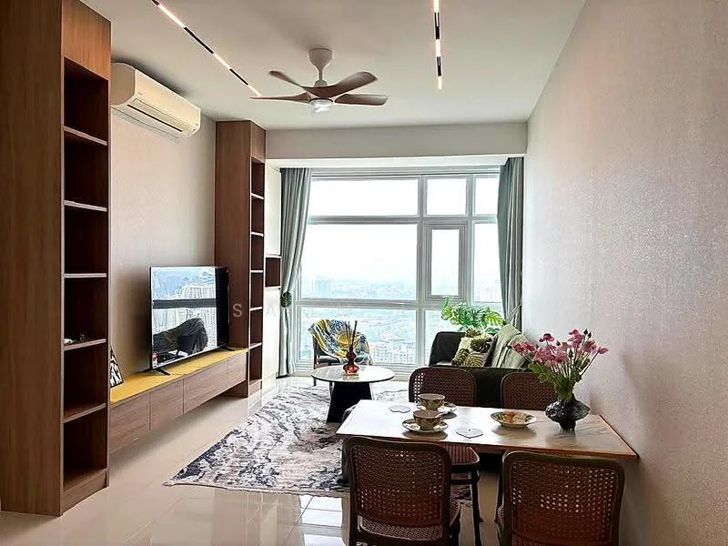 Living features: floor-to-ceiling windows, 3-blade ceiling fan, wall-mounted TV, wooden TV console, open shelving, area rug with geometric pattern, sofa with colorful cushions, coffee table, decorative plants, dining table with 4 chairs, decorative vase with flowers, curtains, light-colored walls, glossy tile flooring; style: modern; view: city.