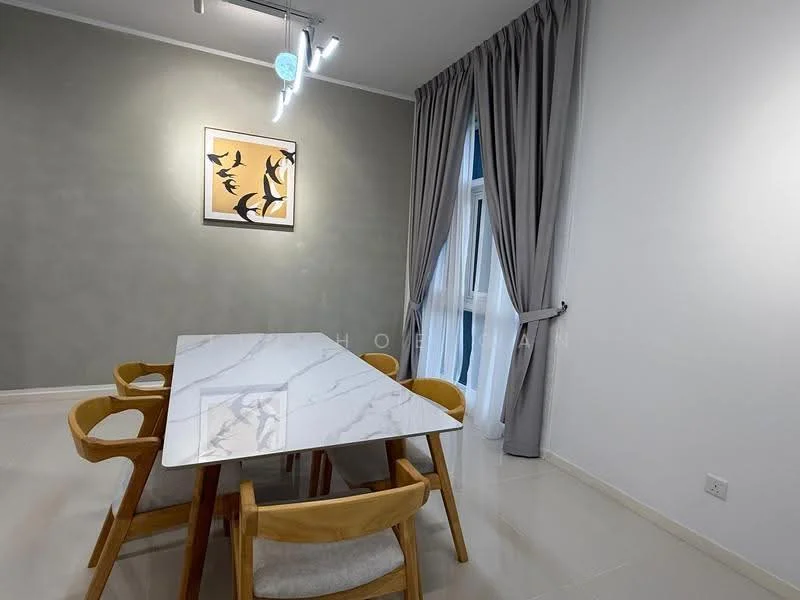 Dining features: marble dining table, 4 wooden dining chairs, grey accent wall, white painted walls, floor-to-ceiling window, sheer curtains, recessed LED downlights, framed artwork on wall; style: modern.