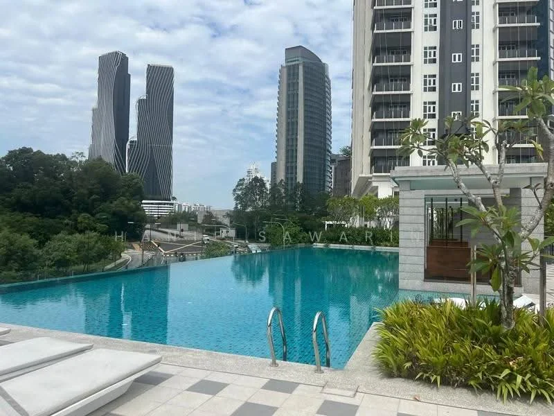 Exterior type: high-rise condominium; features: infinity pool, pool deck with loungers, surrounded by greenery, modern architecture, glass curtain wall, landscaped garden, city skyline view, adjacent to highway; style: modern.