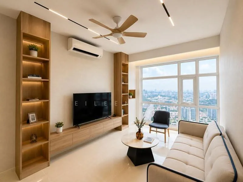 Living features: 3-seater fabric sofa in light beige, black coffee table, wall-mounted TV, wooden TV console, built-in shelving with decorative plants, ceiling fan with integrated LED light, wall-mounted air conditioning unit, large floor-to-ceiling windows with city view, light-colored tiled flooring, neutral painted walls, decorative vase on coffee table; style: modern; view: city.