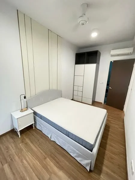 Bedroom features: queen-size bed, wooden flooring, white painted walls, built-in wardrobe with sliding doors, ceiling fan, wall-mounted air conditioning unit, nightstand with lamp, decorative wall paneling; style: modern.