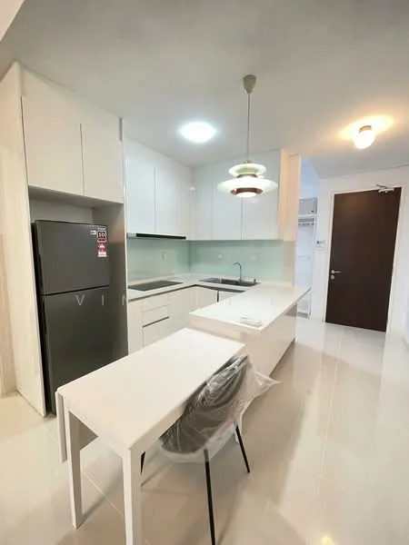 Kitchen features: white cabinetry, grey countertop, stainless-steel fridge, built-in oven, ceramic tile flooring, pendant light fixture, recessed ceiling lights, glass backsplash, single-bowl stainless-steel sink, chrome pull-down faucet, kitchen island with seating, open layout, dining table, black dining chair; style: modern.