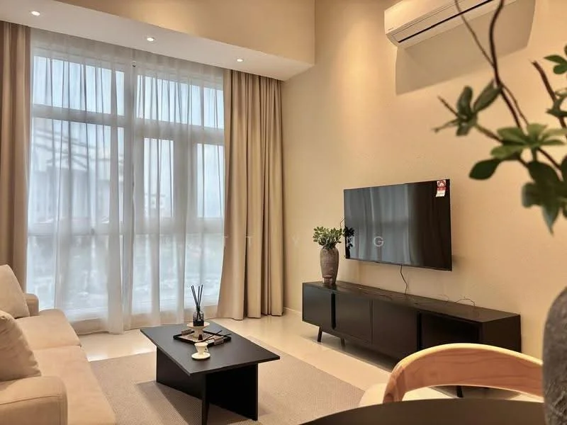 Living features: beige fabric 3-seater sofa, black coffee table, TV console in dark wood, wall-mounted flat-screen TV, floor-to-ceiling windows, sheer curtains, recessed downlights, light-colored walls, polished tile flooring, decorative vase on console, area rug with neutral color, indoor plant; style: modern.