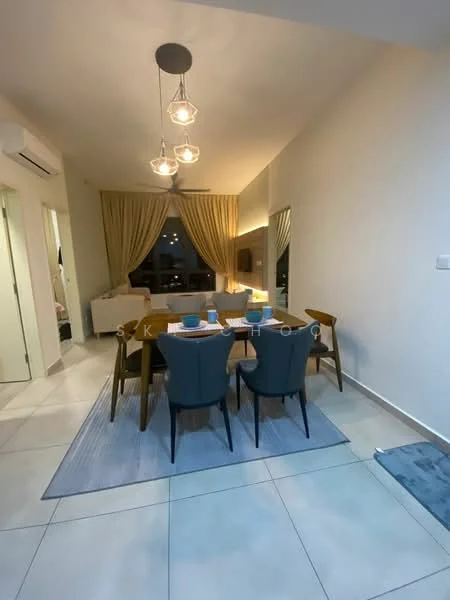 Dining features: 6-seater dining table, upholstered dining chairs, pendant lighting with multiple bulbs, light grey area rug, cream curtains, floor-to-ceiling windows, wall-mounted split AC, neutral painted walls, tile flooring; style: modern; view: city. Living features: sofa, coffee table, decorative cushions; style: modern; view: city.