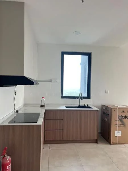 Kitchen features: single-bowl stainless-steel sink, chrome pull-down faucet, black countertop, wood cabinetry, built-in oven, induction cooktop, white tiled backsplash, tile flooring, window with city view, fire extinguisher, packaged appliance box; style: modern; view: city.