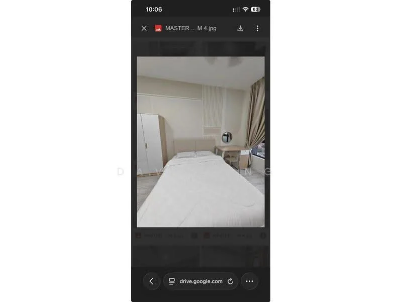 Bedroom features: queen-size bed with white bedding, upholstered headboard, nightstand with lamp, built-in wardrobe with sliding doors, floor-to-ceiling window with sheer curtains, wooden flooring, decorative wall paneling, wall-mounted mirror, ceiling fan; style: modern.