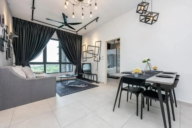 Living features: grey fabric sofa, 5-blade ceiling fan with light, black coffee table, TV console, wall-mounted TV, area rug with geometric pattern, floor-to-ceiling windows, black curtains, decorative wall art, dining table with 4 chairs, pendant lighting, light-colored tiled flooring; style: modern; view: garden.
