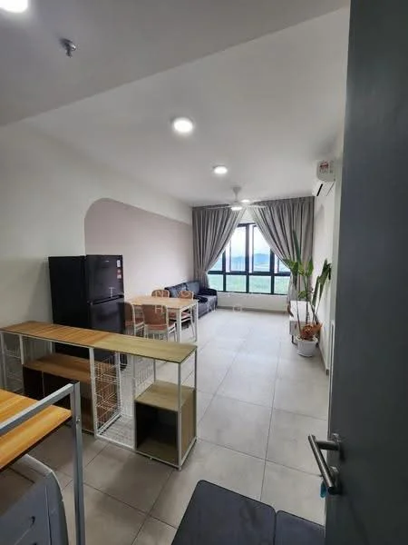 Living features: grey painted walls, tile flooring, 5-blade ceiling fan with light, floor-to-ceiling windows, curtains, black fabric sofa, wooden dining table, 4 dining chairs, refrigerator, indoor plant, open shelving unit, storage cabinet; style: modern; view: garden.