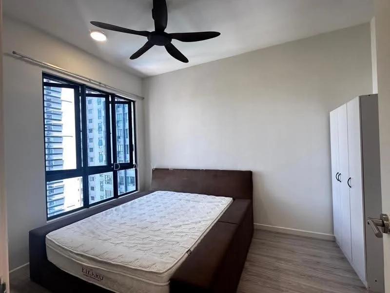 Bedroom features: queen-size bed, upholstered headboard, 2-door wardrobe, floor-to-ceiling windows, blackout curtains, 5-blade ceiling fan with light, light-colored walls, laminate flooring; style: modern; view: city.
