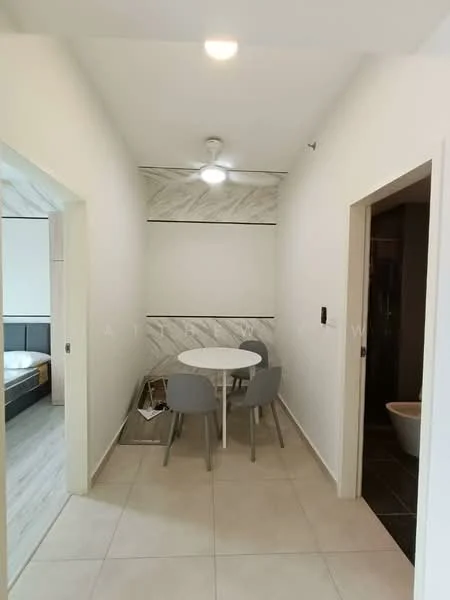 Dining features: round dining table, 4 grey dining chairs, white painted walls, tile flooring, ceiling fan, decorative wall paneling, doorway leading to another room, doorway leading to bathroom; style: modern.