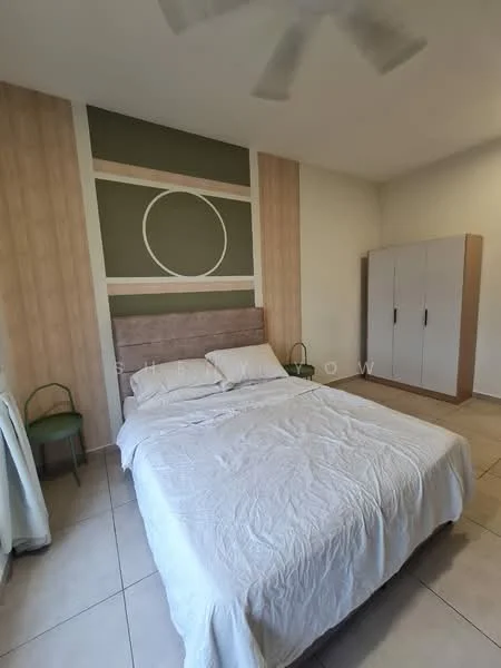 Bedroom features: queen-size bed, upholstered headboard, white bedding, light-colored tiled flooring, ceiling fan, wood panel accent wall, green accent wall, built-in wardrobe with sliding doors, two bedside chairs, decorative wall circle, natural light from window; style: modern.