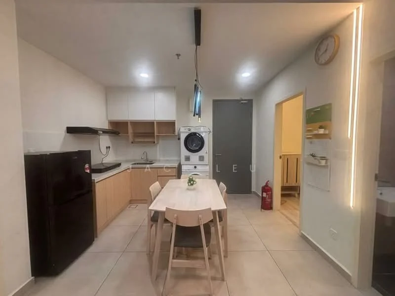 Kitchen features: white painted walls, light-colored cabinetry, black countertop, stainless-steel fridge, built-in oven, ceramic tile flooring, washing machine, dining table with chairs, pendant light, wall clock, doorway to hallway, fire extinguisher; style: modern.