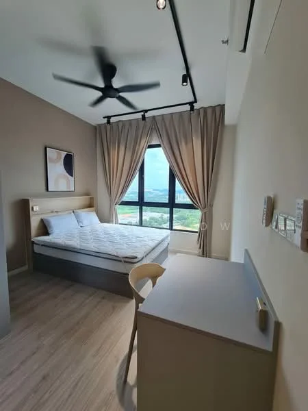 Bedroom features: king-size bed, upholstered headboard, 2 bedside lamps, wooden bedside table, study desk, chair, floor-to-ceiling window, curtains, 5-blade ceiling fan with light, light wood flooring, neutral painted walls, decorative artwork on wall; style: modern; view: city.