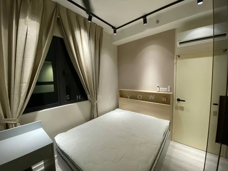 Bedroom features: queen-size bed, wood headboard, floor-to-ceiling window, sheer curtains, recessed downlights, wall-mounted air conditioning unit, light-colored painted walls, laminate flooring, built-in wardrobe with mirror; style: modern.