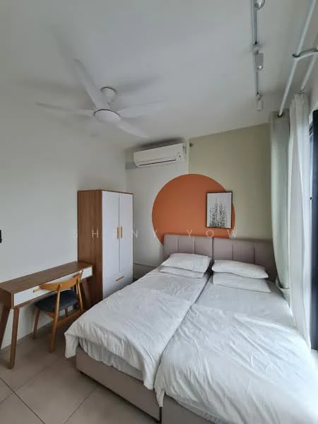 Bedroom features: king-size bed, upholstered headboard, 2 white pillows, 2 white bed linens, ceiling fan with integrated LED light, wall-mounted split AC, wooden desk, wooden chair, framed artwork on wall, light beige painted walls, tile flooring, large window with sheer curtains; style: modern.