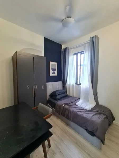 Bedroom features: single bed with grey bedding, upholstered headboard, dark wood wardrobe, black table with grey chair, floor-to-ceiling window, sheer white curtains, dark accent wall, light wood flooring, ceiling fan; style: modern.