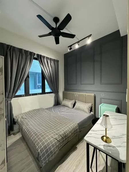 Bedroom features: king-size bed with grey bedding, upholstered headboard, 2 bedside lamps, ceiling fan with light, grey accent wall with paneling, white painted walls, floor-to-ceiling windows with sheer curtains, wooden flooring, small side table with marble top, built-in wardrobe; style: modern; view: city.