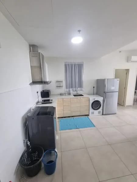 Kitchen features: white painted walls, tile flooring, single-bowl stainless-steel sink, chrome pull-down faucet, wood cabinetry, built-in oven, freestanding range oven, stainless-steel fridge, front-load washing machine, microwave, window with sheer curtains, ceiling light, blue area rug; style: modern.