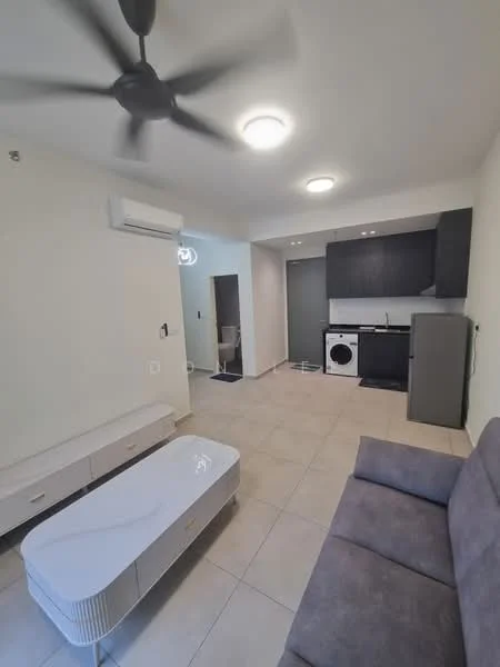 Living features: 3-blade ceiling fan, recessed LED downlights, grey fabric sofa, white coffee table, wall-mounted air conditioning unit, built-in cabinetry, tile flooring, washing machine, stainless-steel fridge, kitchenette with dark cabinetry, countertop with sink, open layout; style: modern.