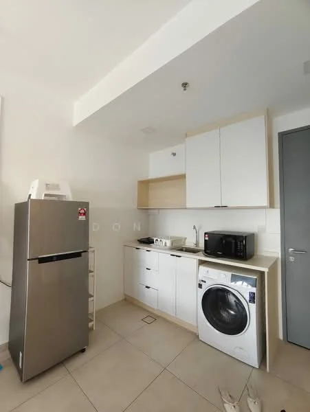 Kitchen features: white cabinetry, stainless-steel fridge, built-in microwave, single-bowl stainless-steel sink, chrome pull-down faucet, white countertop, front-load washing machine, ceramic tile flooring, wall-mounted cabinet, open shelving, neutral wall colour, recessed lighting; style: modern.