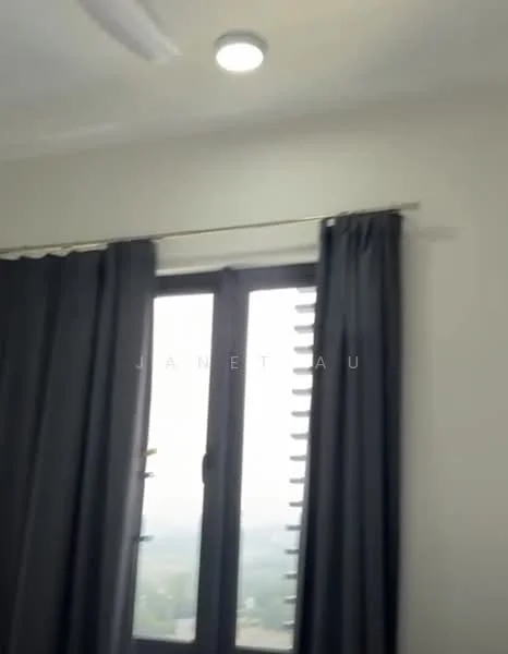 Room features: grey curtains, floor-to-ceiling window, white painted walls, recessed ceiling light, ceiling fan.