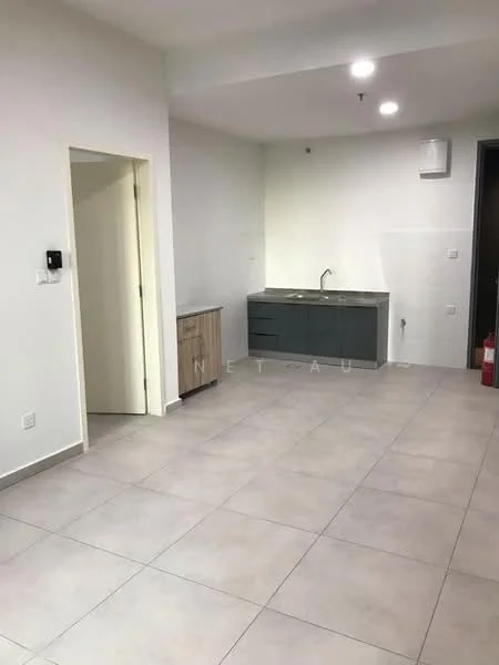 Kitchen features: grey cabinetry, single-bowl stainless-steel sink, chrome pull-down faucet, white walls, tile flooring, recessed downlights, open layout, countertop with space for appliances; style: modern. Room features: tile flooring, white walls, doorway leading to another room, open space layout.