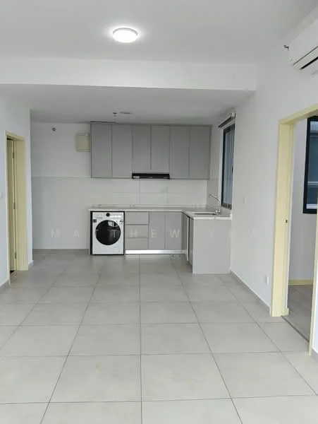Kitchen features: grey cabinetry, white countertop, single-bowl stainless-steel sink, chrome pull-down faucet, built-in oven, freestanding washing machine, ceramic tile flooring, recessed downlights, window with city view, open layout, white painted walls; style: modern; view: city.