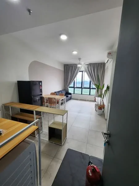Living features: grey tiled flooring, white painted walls, ceiling with recessed downlights, large windows with city view, curtains in light grey, black fabric sofa, wooden dining table with white chairs, refrigerator in black, indoor plants in pots, fire extinguisher, open shelving unit, air conditioning unit; style: modern; view: city.