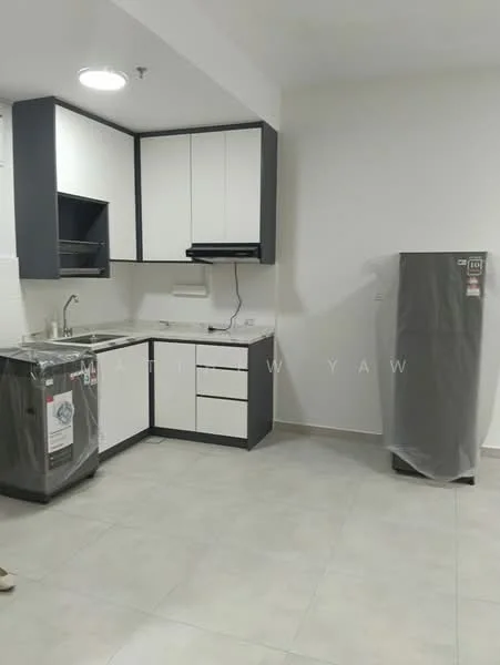 Kitchen features: white shaker cabinets, dark grey lower cabinets, stainless-steel sink, chrome pull-down faucet, built-in stove, built-in oven, refrigerator, washing machine, ceramic tile flooring, recessed downlights, wall-mounted cabinets, countertop space, open layout; style: modern.
