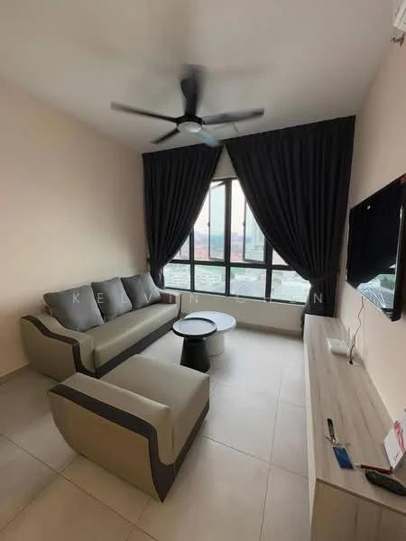 Living features: 3-seater fabric sofa in grey, black coffee table, wall-mounted TV, TV console, floor-to-ceiling windows, black curtains, ceiling fan with light, light-colored tiled flooring, decorative wall panel, neutral painted walls; style: modern; view: city.