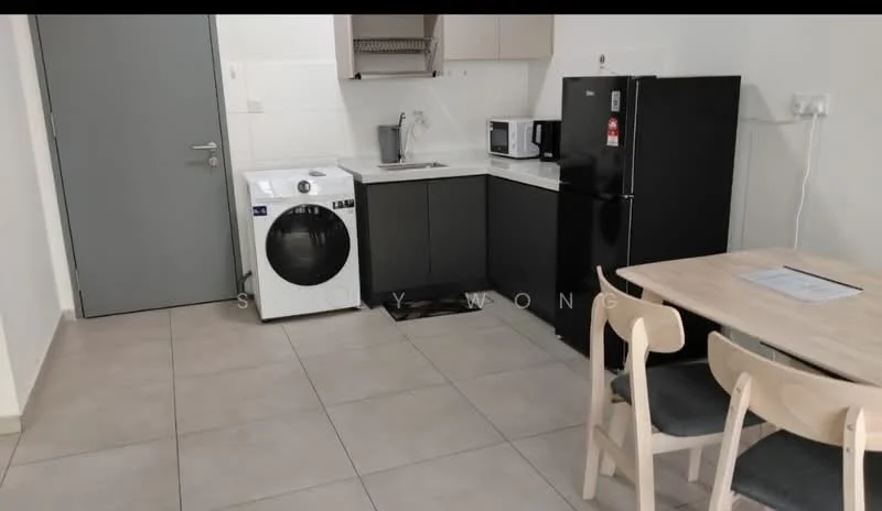 Kitchen features: grey cabinetry, white countertop, stainless-steel sink, chrome pull-down faucet, built-in oven, freestanding range oven, microwave, stainless-steel fridge, front-load washing machine, tile flooring, recessed downlights, dining table with chairs; style: modern.