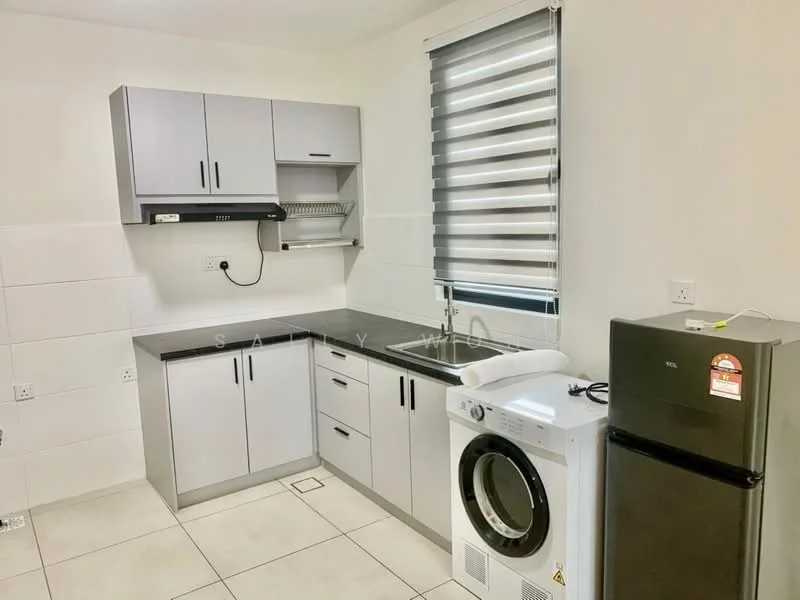 Kitchen features: grey flat-panel cabinets, black granite countertop, single-bowl stainless-steel sink, chrome pull-down faucet, built-in oven, freestanding washing machine, freestanding fridge, tile flooring, white painted walls, roller blinds on window, open shelving above countertop; style: modern.