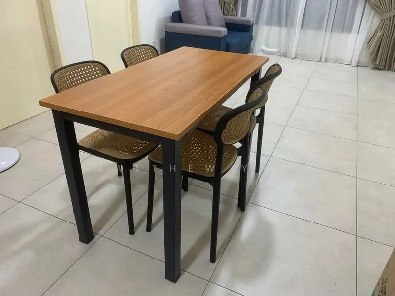 Dining features: wooden dining table with rectangular top, four black metal chairs with woven seats, light-colored tiled flooring, curtains with sheer fabric, grey upholstered sofa in background, wall with light-colored paint, floor lamp in corner; style: modern.