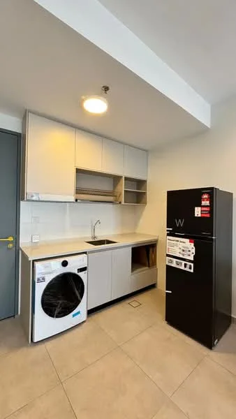 Kitchen features: white cabinetry, marble countertop, single-bowl stainless-steel sink, chrome pull-down faucet, built-in oven, fridge, front-load washing machine, tile flooring, recessed downlights; style: modern.