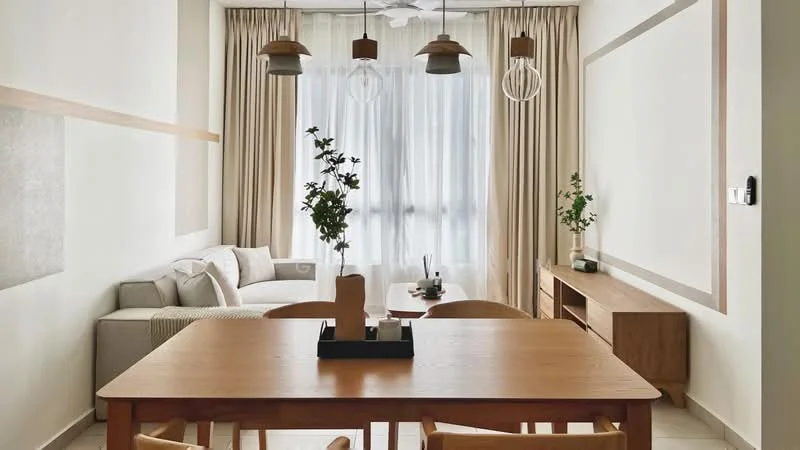Living features: light grey fabric sofa, wooden coffee table, wooden sideboard, pendant lighting fixtures, floor-to-ceiling windows, sheer curtains, decorative plants in ceramic pots, cream painted walls, tile flooring, ceiling fan with light; style: modern.