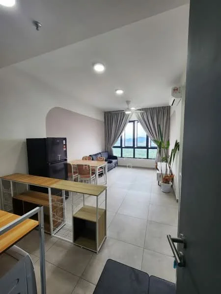 Living features: floor-to-ceiling windows, grey curtains, light grey painted walls, recessed downlights, dining table with chairs, black sofa, wooden shelving unit, tile flooring, indoor plant, refrigerator, air conditioning unit; style: modern; view: city.
