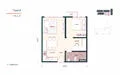 Floor plan: 2-bedroom 1-bathroom unit; features: open-plan kitchen-dining-living, master bedroom with ensuite bathroom, bedroom 2 with shared bathroom, balcony off living room, utility room, laundry area, central foyer.
