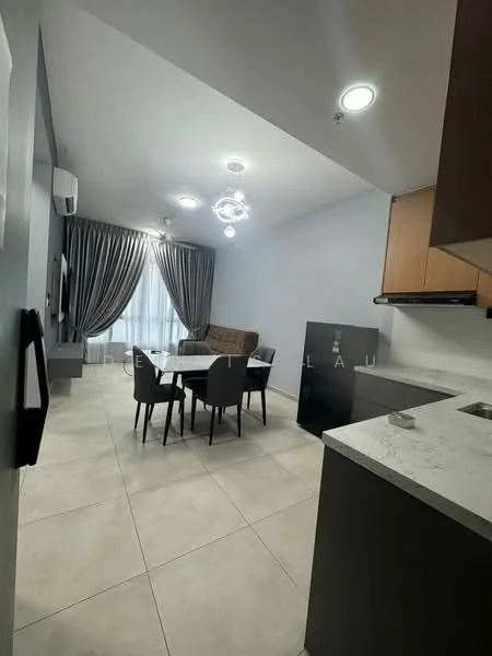 Living features: grey fabric sofa, 4-seater dining table, black dining chairs, marble countertop, stainless-steel fridge, recessed downlights, curtains, tile flooring, wall-mounted TV, wood cabinetry; style: modern.