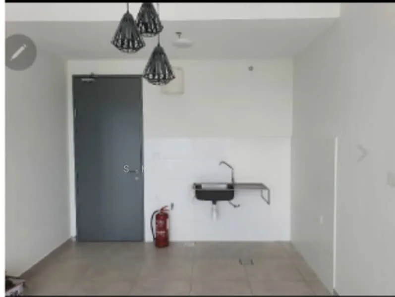 Room features: grey painted walls, tile flooring, single-bowl sink, wall-mounted sink, fire extinguisher, metal wall-mounted shelf, door with handle, hanging pendant lights; style: modern.