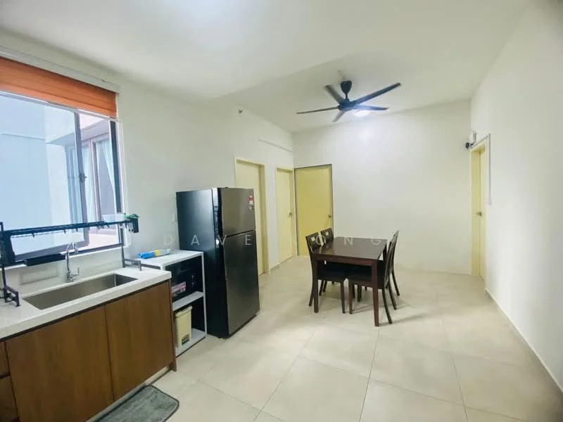 Kitchen features: single-bowl stainless-steel sink, chrome pull-down faucet, wood cabinetry, black fridge, built-in microwave, ceramic tile flooring, recessed downlights, window with sheer curtains, dining table with four chairs, ceiling fan; style: modern.