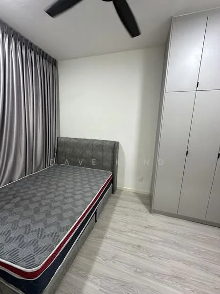 Bedroom features: queen-size bed, upholstered headboard, grey bed frame, light grey curtains, light wood flooring, built-in wardrobe with sliding doors, ceiling fan, white painted walls; style: modern.