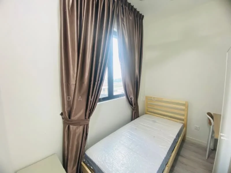 Bedroom features: single bed, wooden bed frame, floor-to-ceiling window, brown curtains, light-colored walls, laminate flooring, study desk, chair; style: modern; view: city.