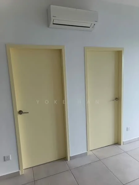 Room features: two yellow doors, wall-mounted split AC, white painted walls, light grey tile flooring.