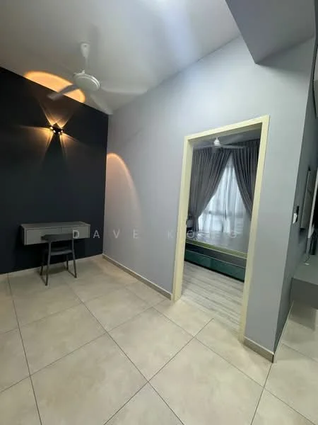 Room features: grey painted walls, cream painted walls, tile flooring, 5-blade ceiling fan, wall sconce lighting, doorway leading to another room, window with sheer curtains, desk with chair; style: modern.