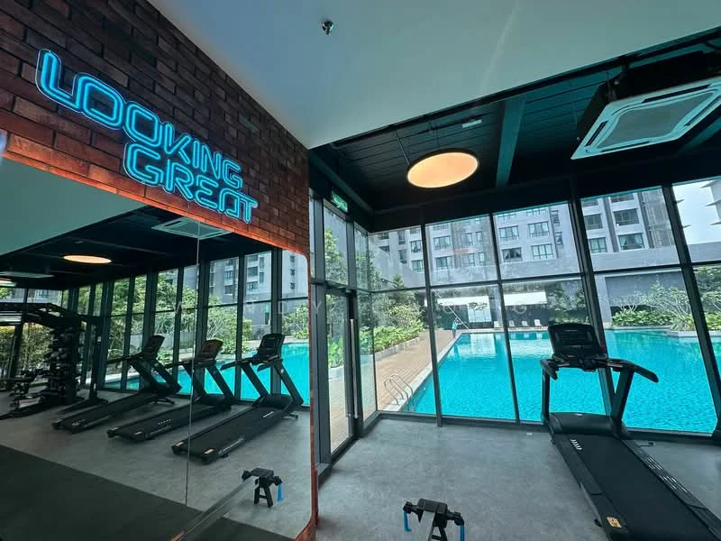 Gym features: treadmill, elliptical machine, weight bench, mirrored wall, exposed brick wall, large windows, view of swimming pool, ceiling-mounted air conditioning unit, recessed lighting, grey flooring; style: modern; view: pool.