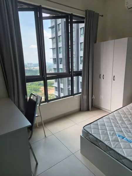 Bedroom features: single bed, mattress on bed frame, white built-in wardrobe with sliding doors, desk with chair, floor-to-ceiling windows, grey curtains, light-colored tiled flooring, air conditioning unit on wall; style: modern; view: city.