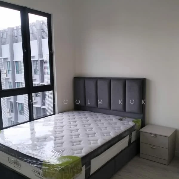Bedroom features: queen-size bed with upholstered headboard, mattress with protective cover, nightstand with drawer, floor-to-ceiling windows, grey painted walls, laminate flooring, natural light from window, minimalist decor; style: modern; view: city.